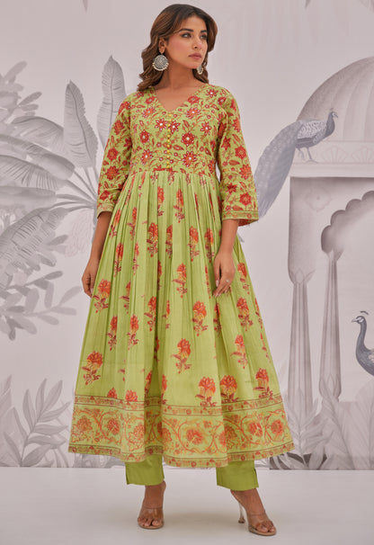 Green Floral Printed Anarkali Suit Set