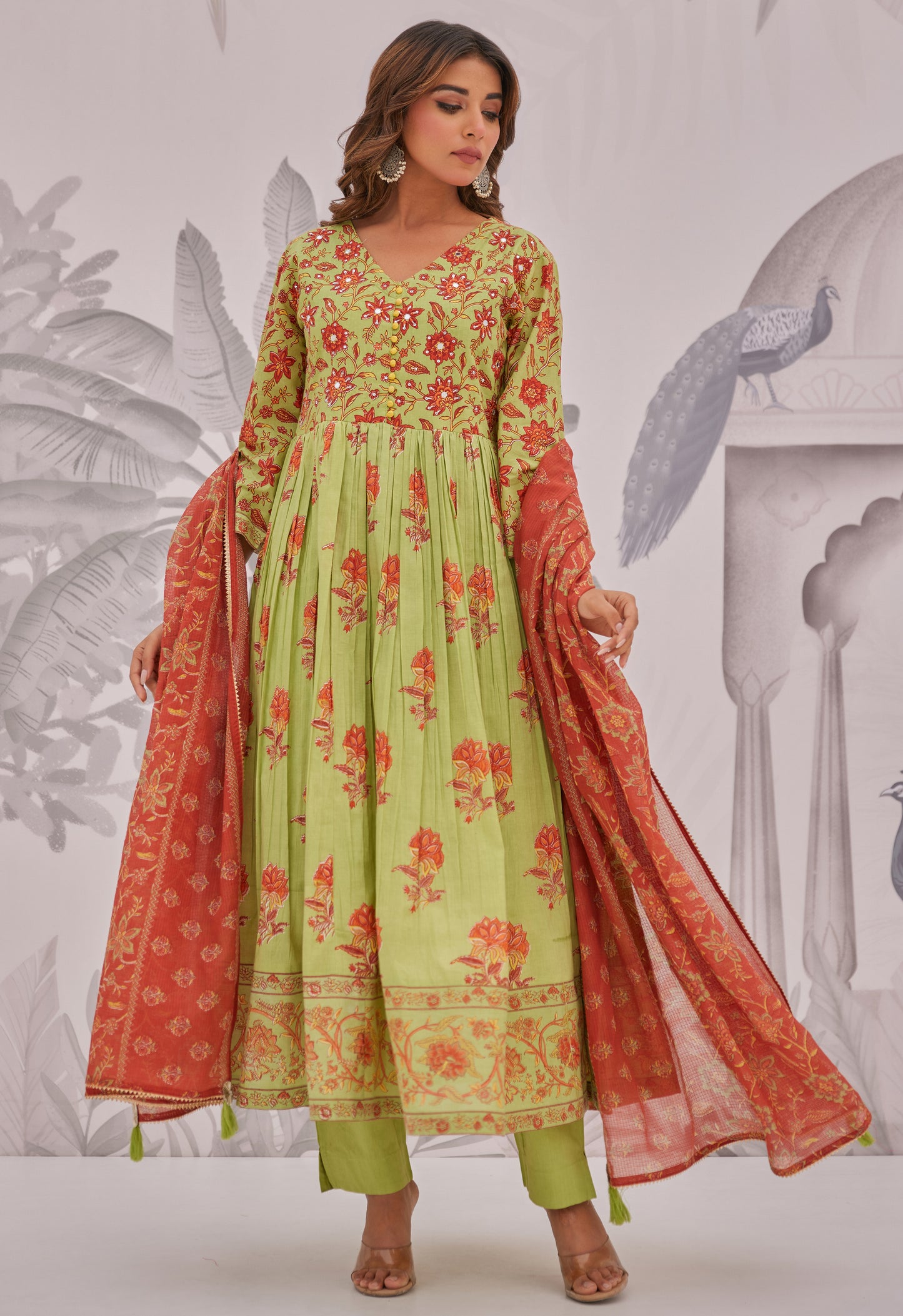 Green Floral Printed Anarkali Suit Set