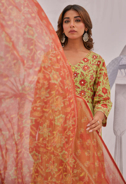 Green Floral Printed Anarkali Suit Set