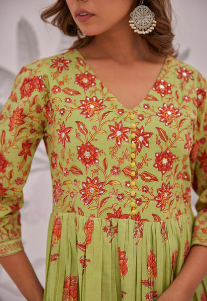 Green Floral Printed Anarkali Suit Set