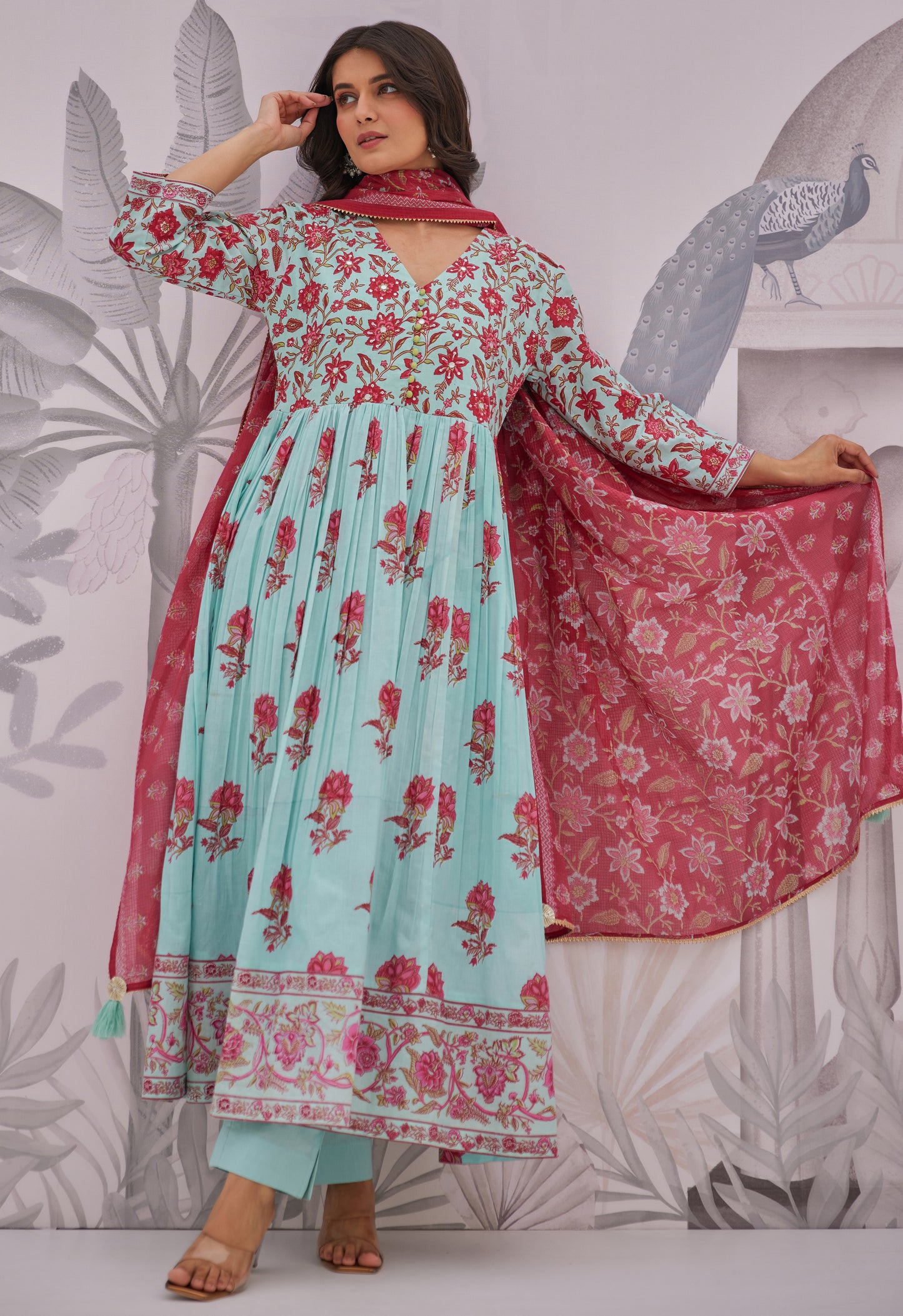 Blue Floral Printed Anarkali Suit Set