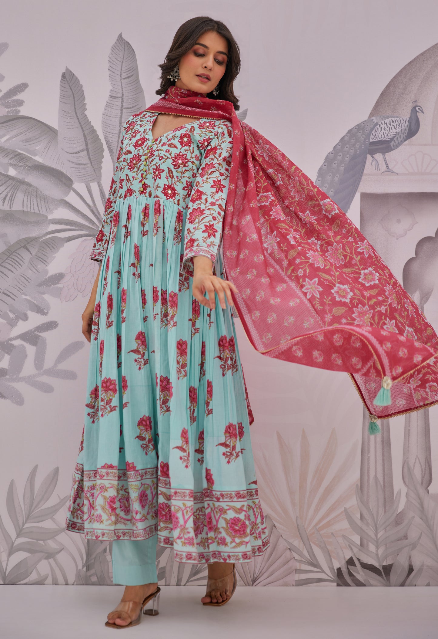 Blue Floral Printed Anarkali Suit Set