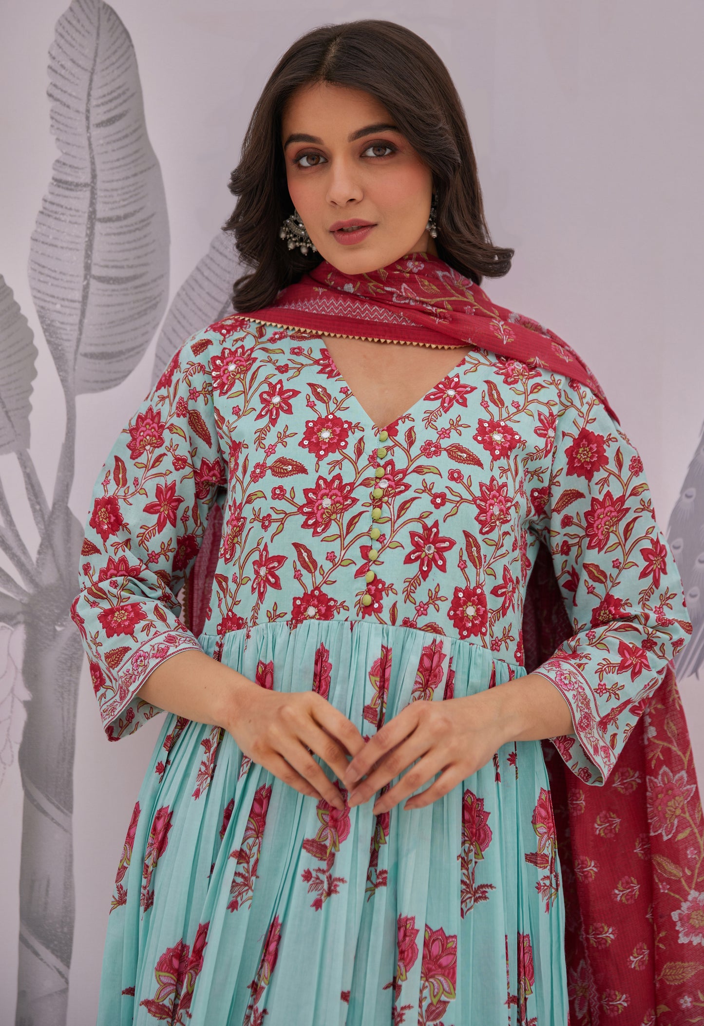 Blue Floral Printed Anarkali Suit Set