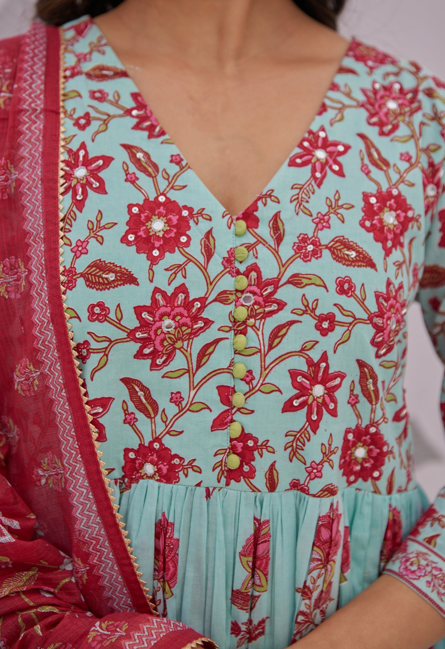 Blue Floral Printed Anarkali Suit Set
