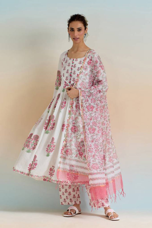 Serene Sophistication: White and Pink Floral Anarkali Kurta with Palazzo and Tassel Dupatta