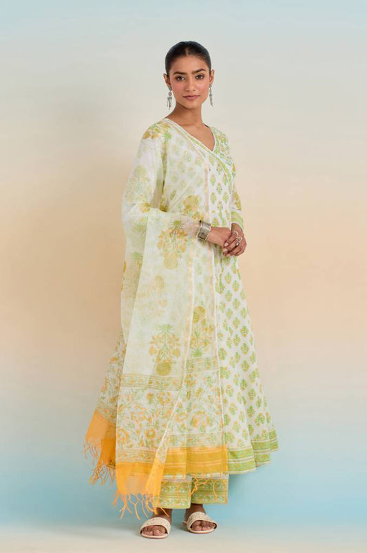 Refined Grace: White and Green Floral Anarkali with Printed Bottom, Lace Yoke, and Floral Dupatta