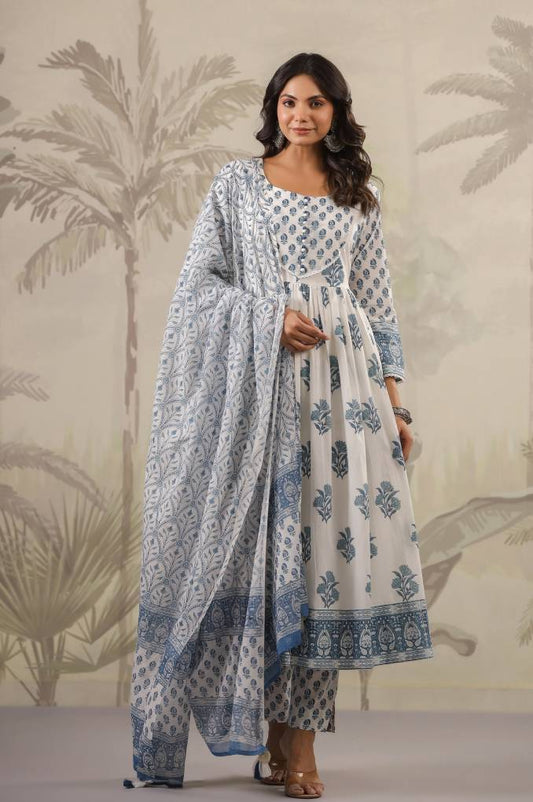 Charming Floral Beauty: White and Blue Anarkali with Lace Yoke, Printed Bottom, and Dupatta