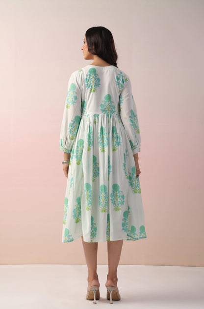 White-Aqua Floral Printed Cotton Tunic