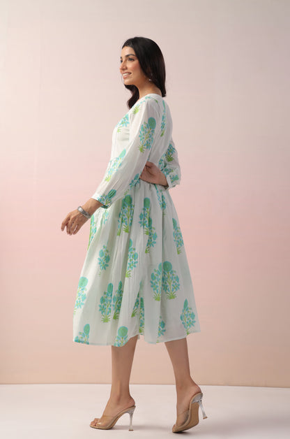White-Aqua Floral Printed Cotton Tunic