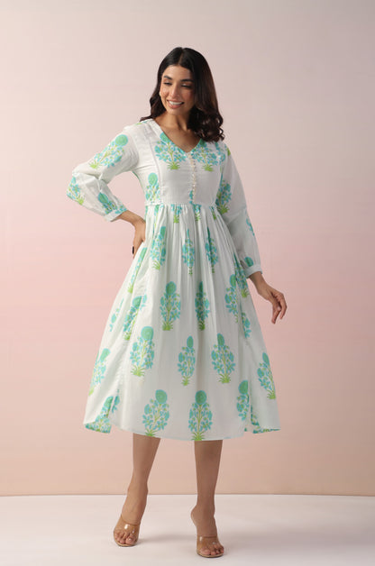 White-Aqua Floral Printed Cotton Tunic