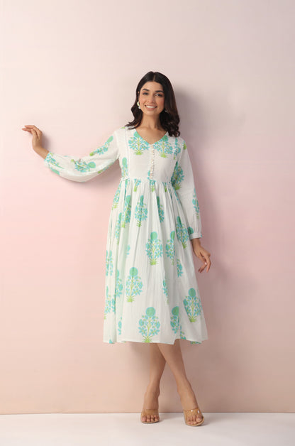 White-Aqua Floral Printed Cotton Tunic