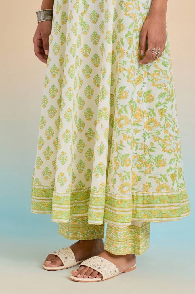 Refined Grace: White and Green Floral Anarkali with Printed Bottom, Lace Yoke, and Floral Dupatta