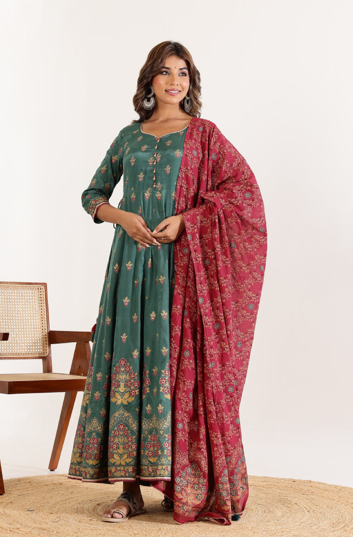 Green Floral Anarkali Dress with Floral Jaal Printed Dupatta