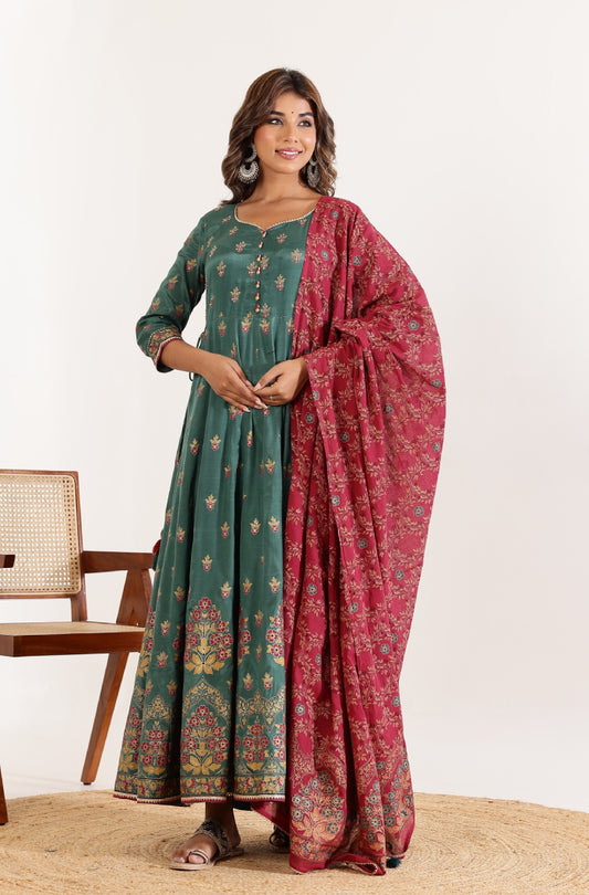 Timeless Charm: Green Floral Dress with Lace, Gundi Buttons, and Floral Jaal Dupatta