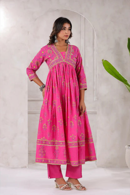 Pink Floral Printed Anarkali Kurta set