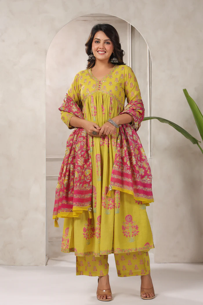 Mustard Yellow Floral Printed Anarkali Kurta Set