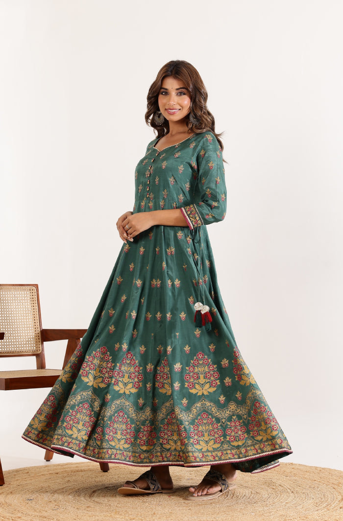 Green Floral Anarkali Dress with Floral Jaal Printed Dupatta