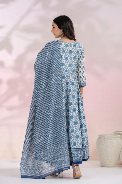 Blue and White Floral Printed Angrakha  Kurta Set