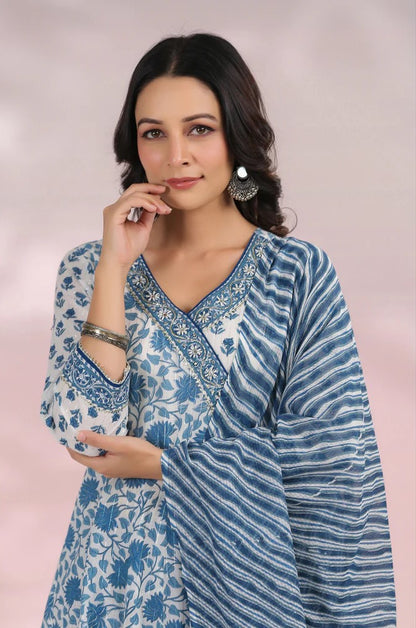 Blue and White Floral Printed Angrakha  Kurta Set