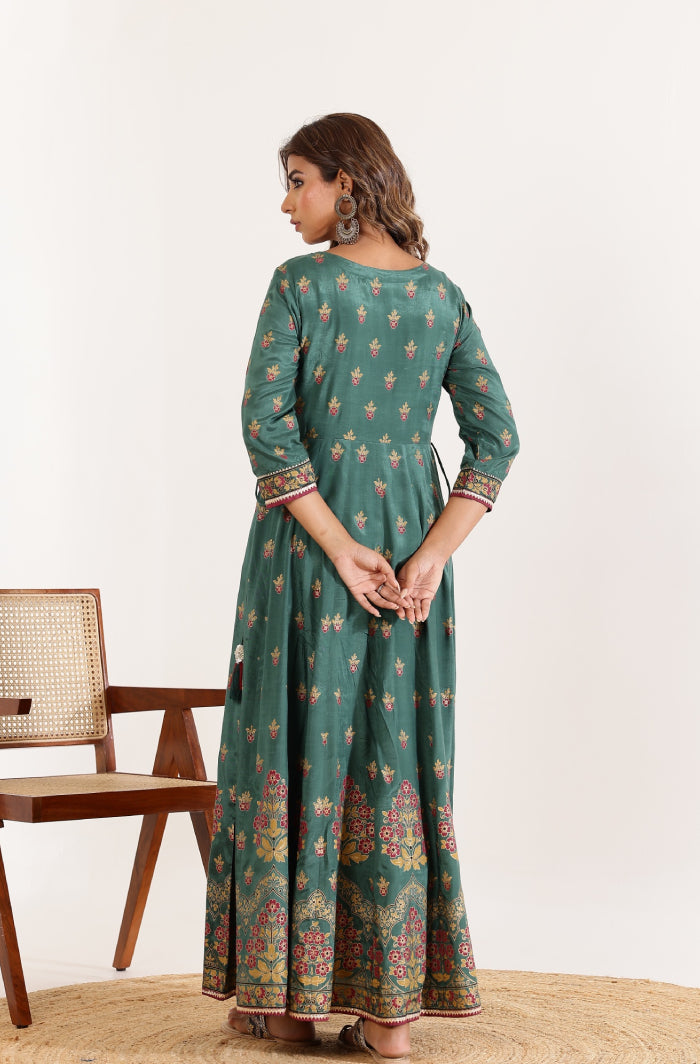 Green Floral Anarkali Dress with Floral Jaal Printed Dupatta