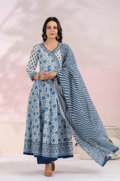 Blue and White Floral Printed Angrakha  Kurta Set