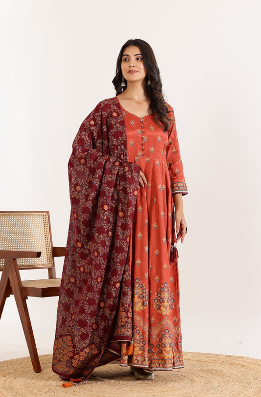 Floral Delight: Orange Long Dress with Lace Detailing and Floral Dupatta