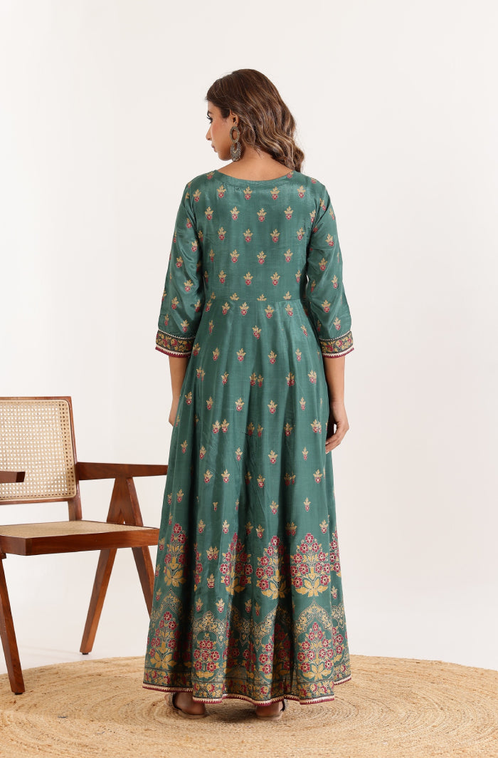 Green Floral Anarkali Dress with Floral Jaal Printed Dupatta