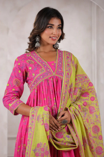 Pink Floral Printed Anarkali Kurta set