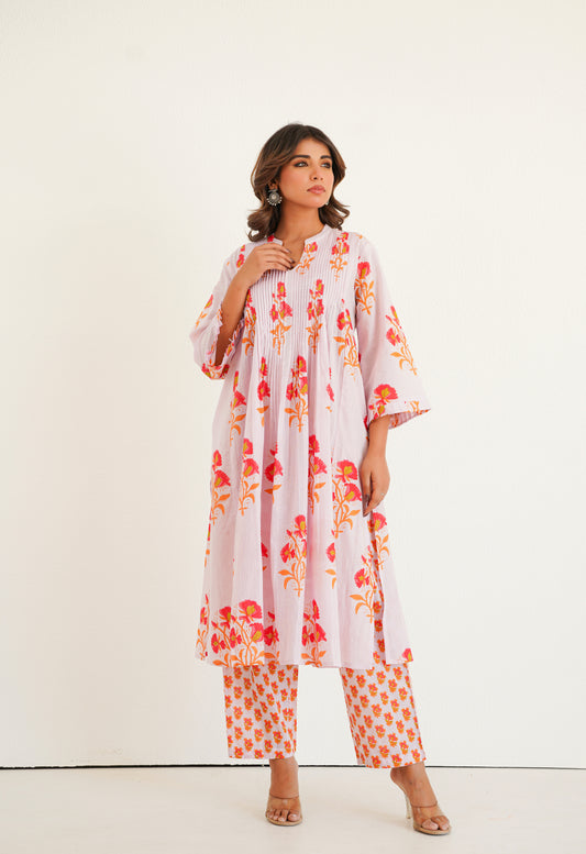 Lilac floral Printed Kurta with Bottom
