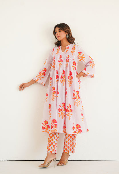 Lilac floral Printed Kurta with Bottom
