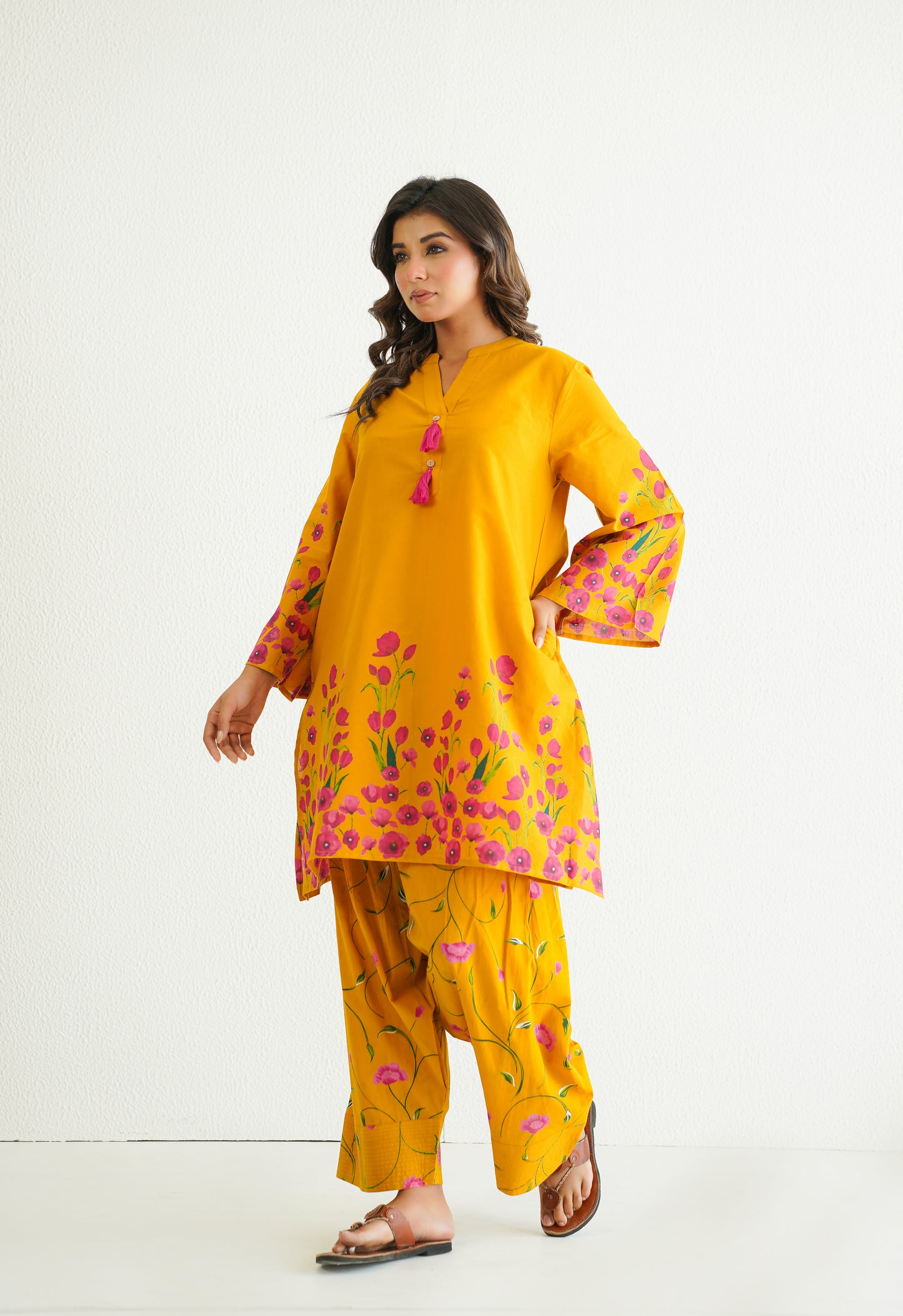 YELLOW FLORAL PRINTED CO-ORD SET WITH FARSI SALWAR PANTS