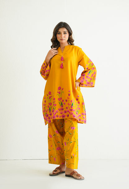 YELLOW FLORAL PRINTED CO-ORD SET WITH FARSI SALWAR PANTS