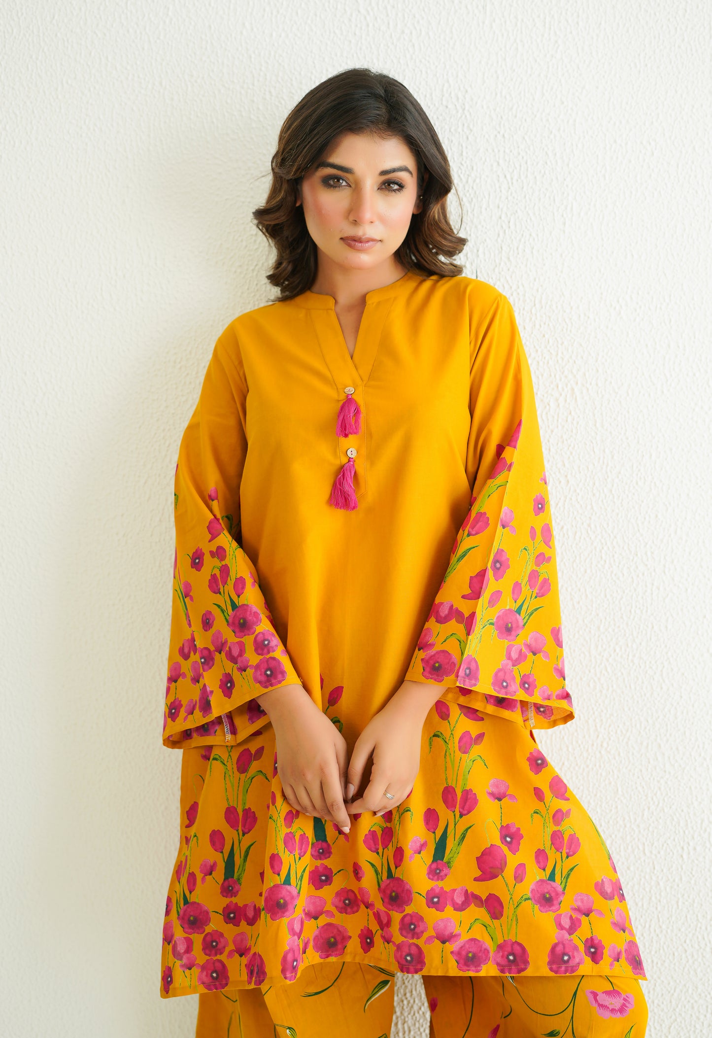 YELLOW FLORAL PRINTED CO-ORD SET WITH FARSI SALWAR PANTS
