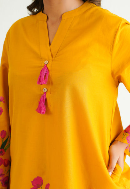 YELLOW FLORAL PRINTED CO-ORD SET WITH FARSI SALWAR PANTS