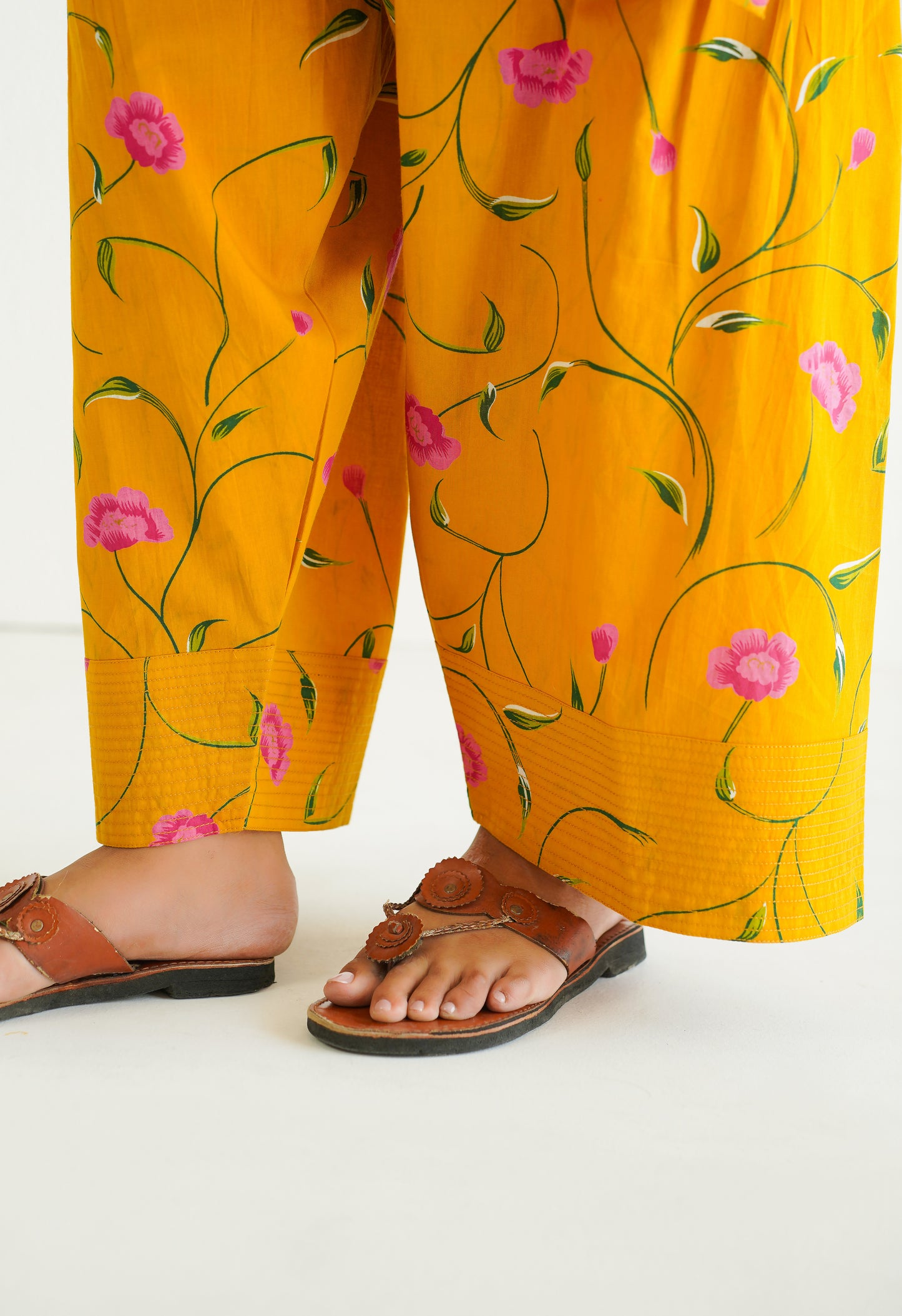 YELLOW FLORAL PRINTED CO-ORD SET WITH FARSI SALWAR PANTS