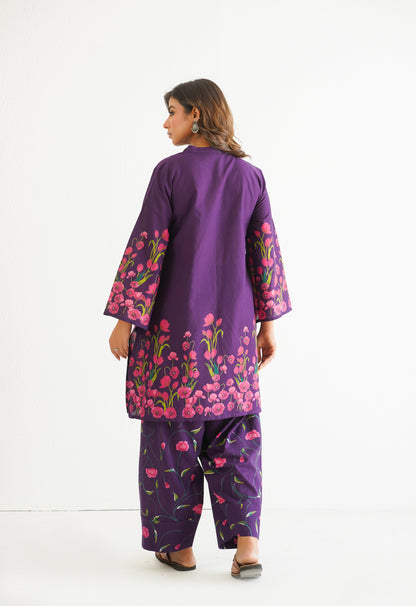 WINE FLORAL PRINTED CO-ORD SET WITH FARSI SALWAR PANTS