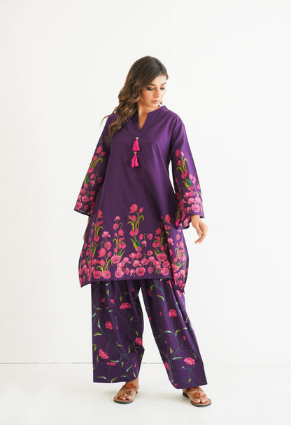 WINE FLORAL PRINTED CO-ORD SET WITH FARSI SALWAR PANTS