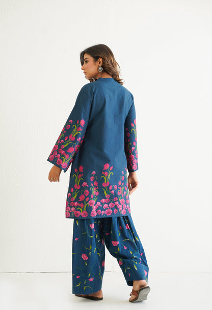 BLUE FLORAL PRINTED CO-ORD SET WITH FARSI SALWAR PANTS