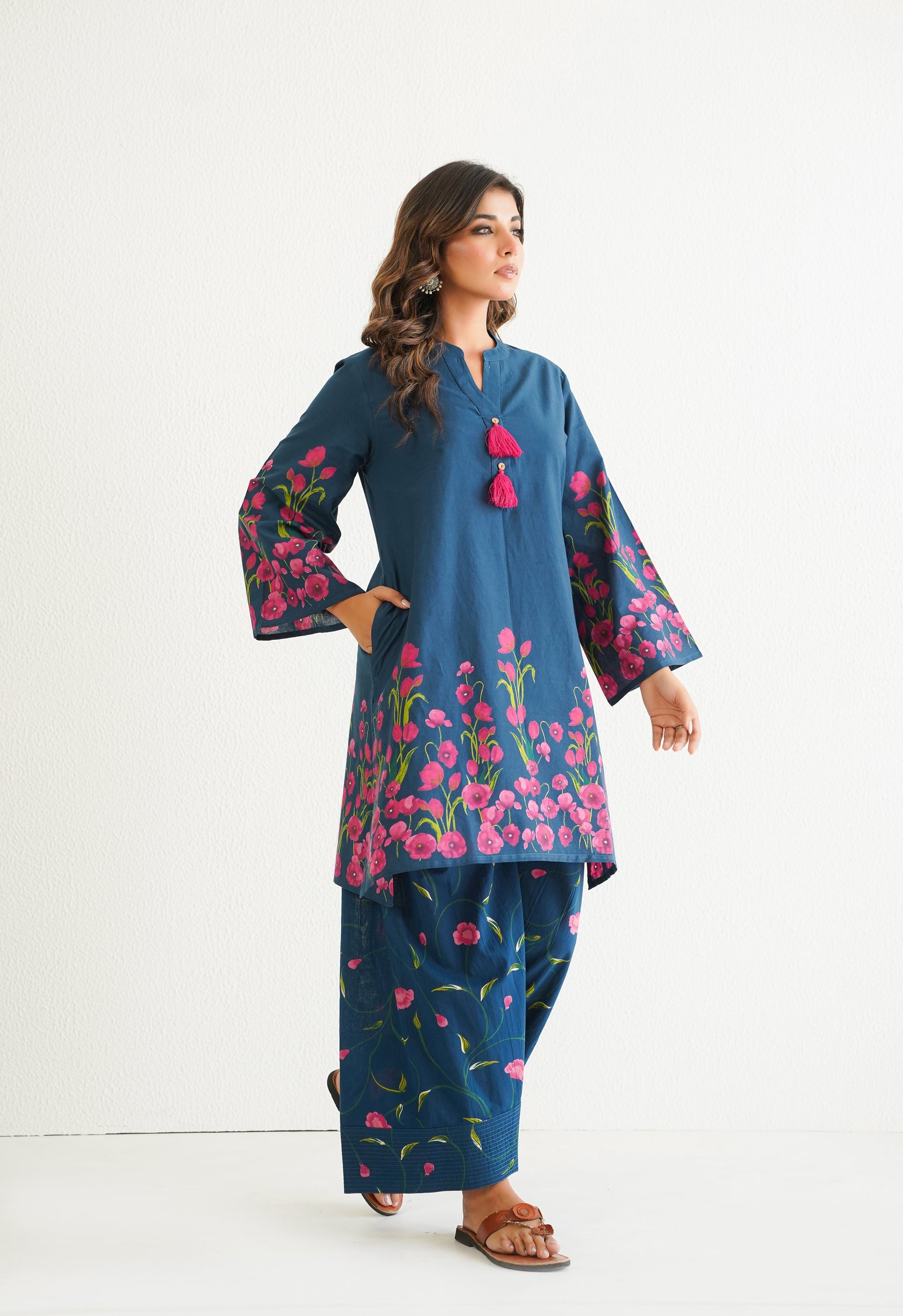 BLUE FLORAL PRINTED CO-ORD SET WITH FARSI SALWAR PANTS