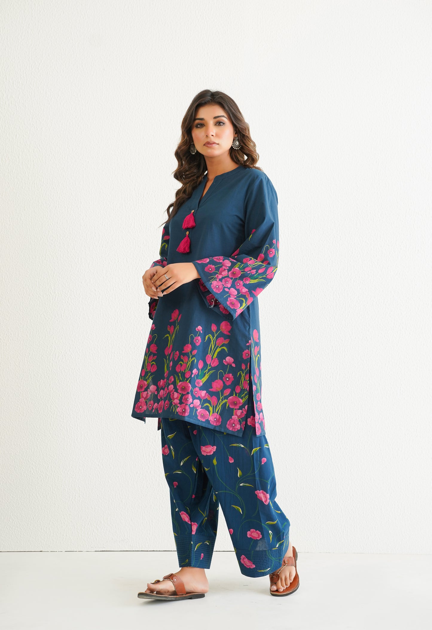 BLUE FLORAL PRINTED CO-ORD SET WITH FARSI SALWAR PANTS