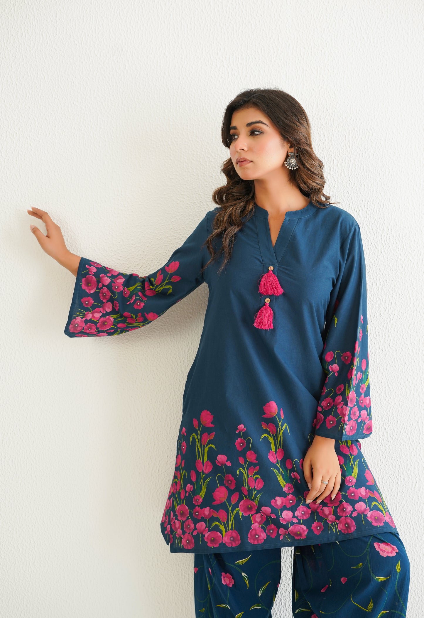 BLUE FLORAL PRINTED CO-ORD SET WITH FARSI SALWAR PANTS