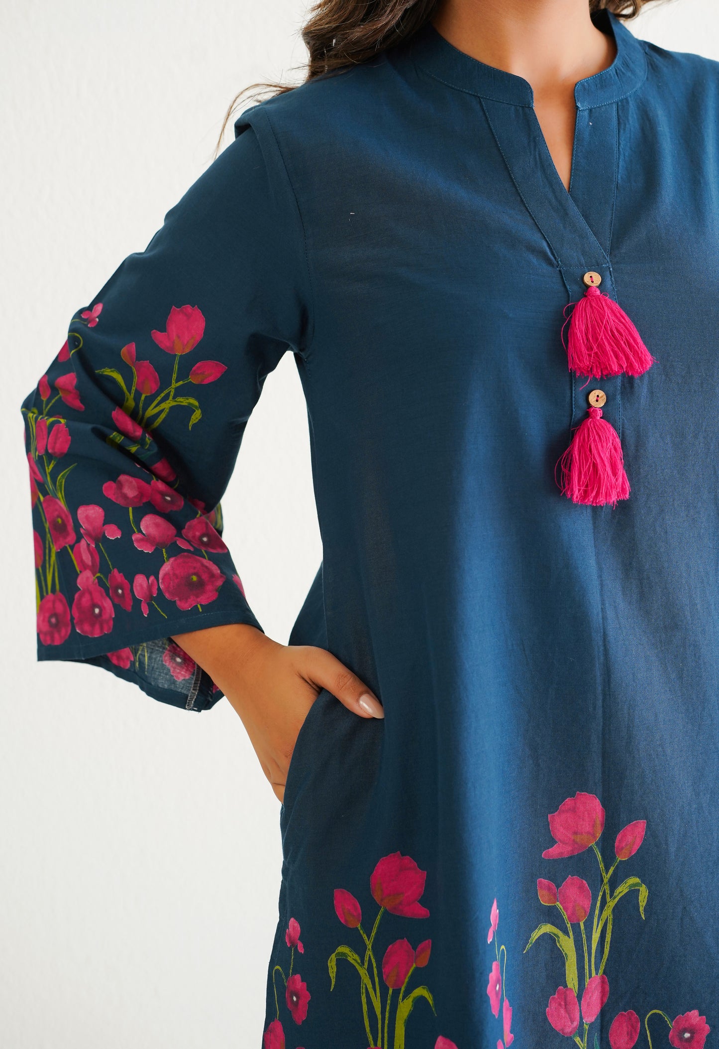 BLUE FLORAL PRINTED CO-ORD SET WITH FARSI SALWAR PANTS