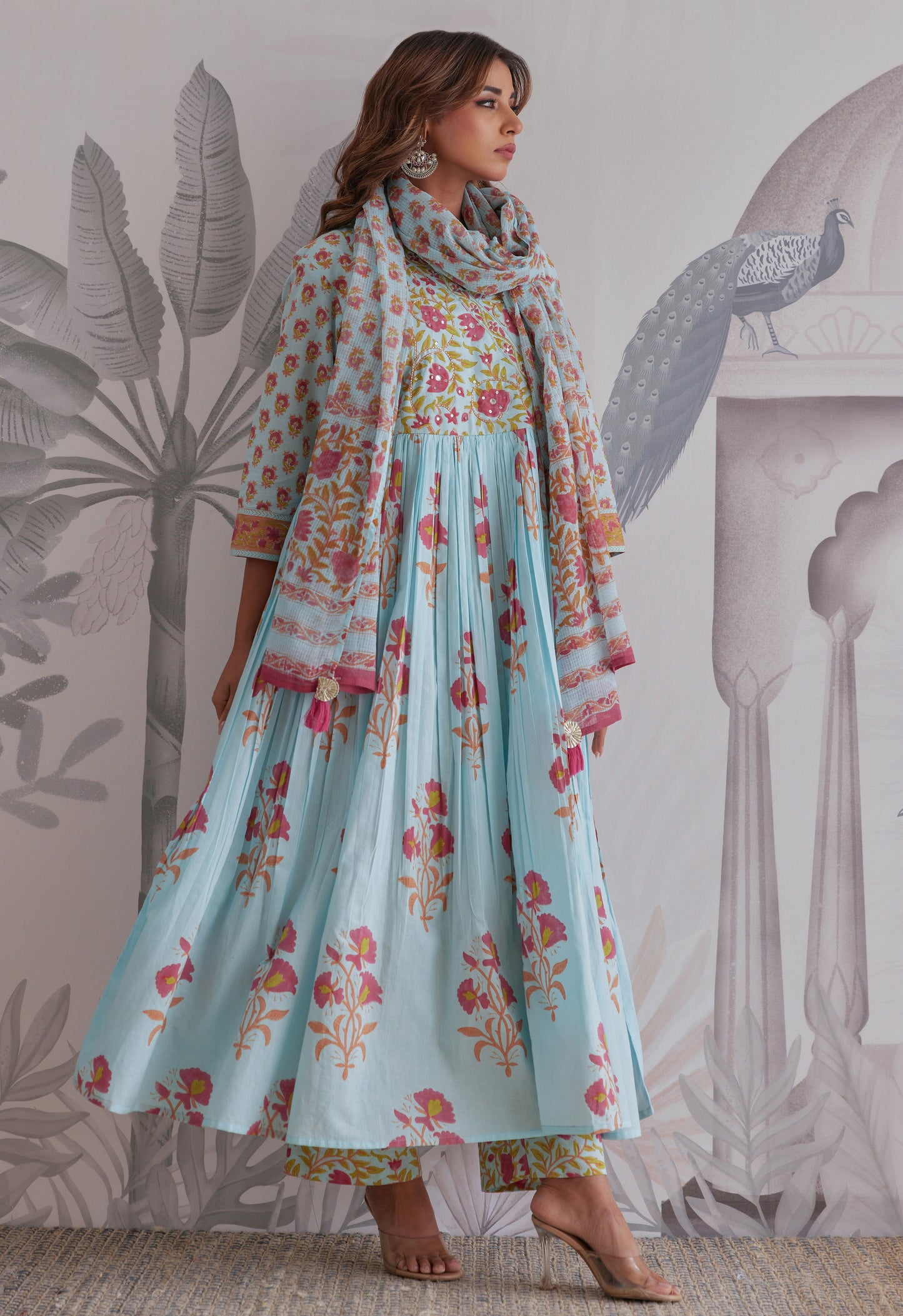 Blue Floral Printed Anarkali Suit Set
