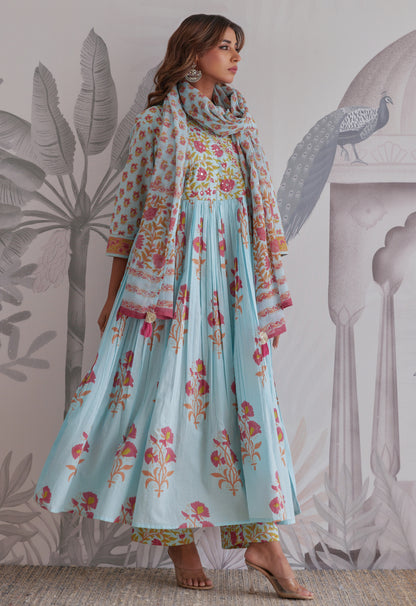Blue Floral Printed Anarkali Suit Set