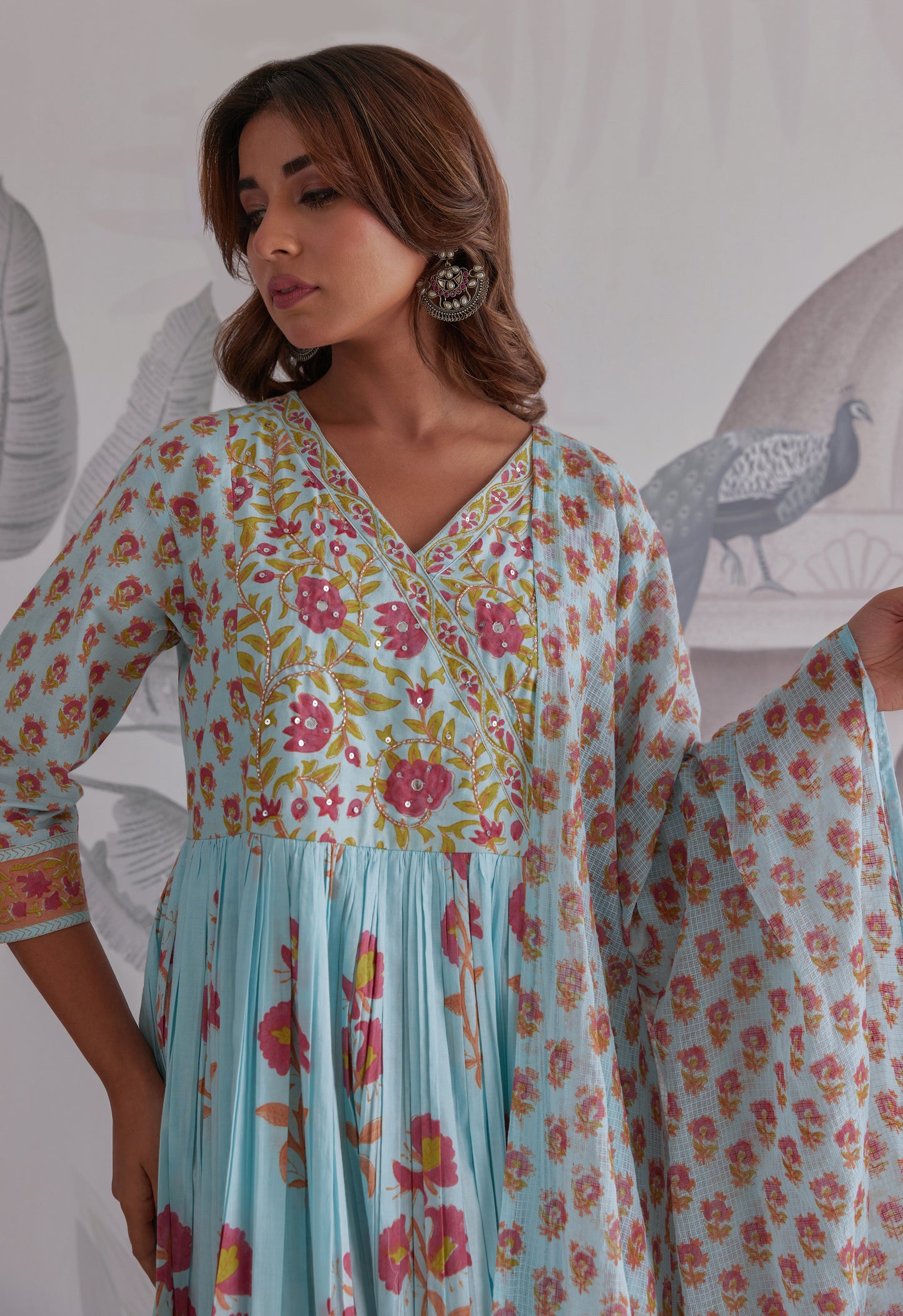 Blue Floral Printed Anarkali Suit Set