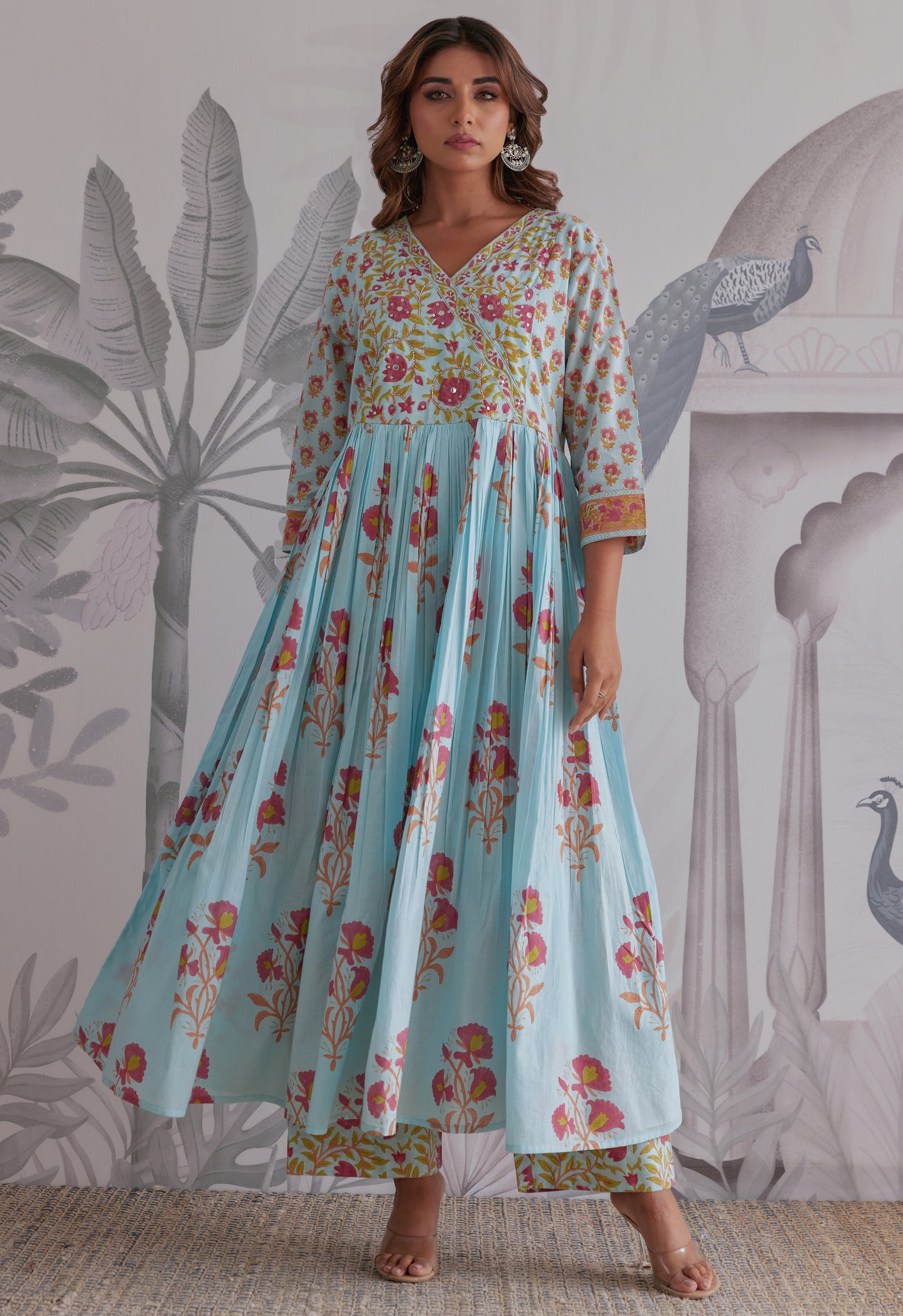 Blue Floral Printed Anarkali Suit Set