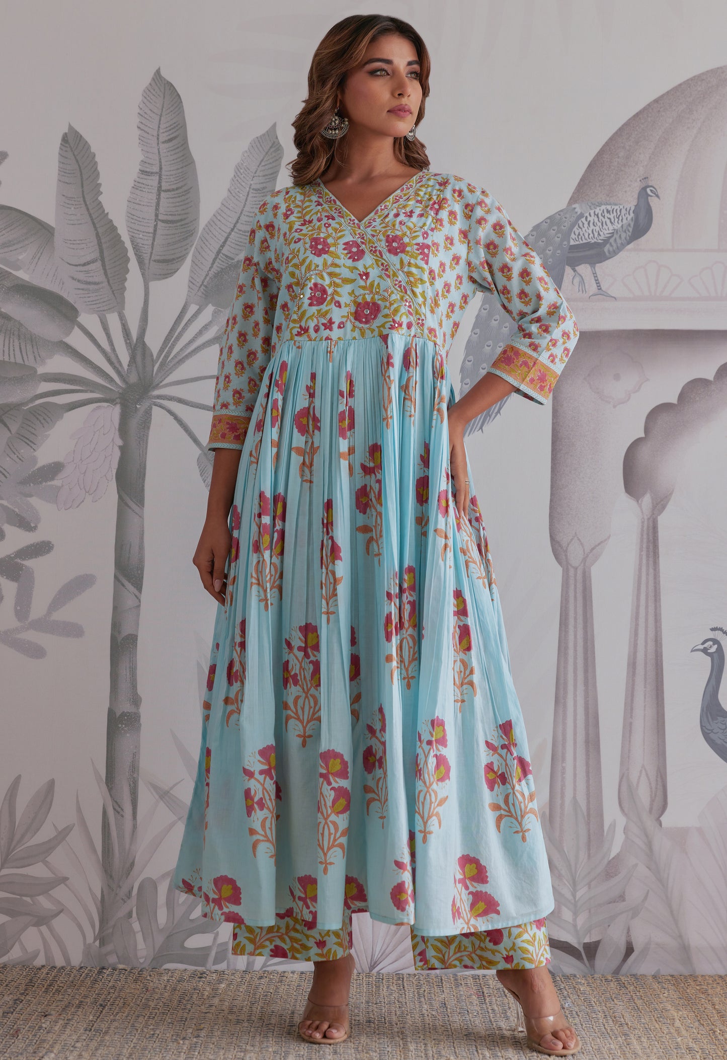 Blue Floral Printed Anarkali Suit Set