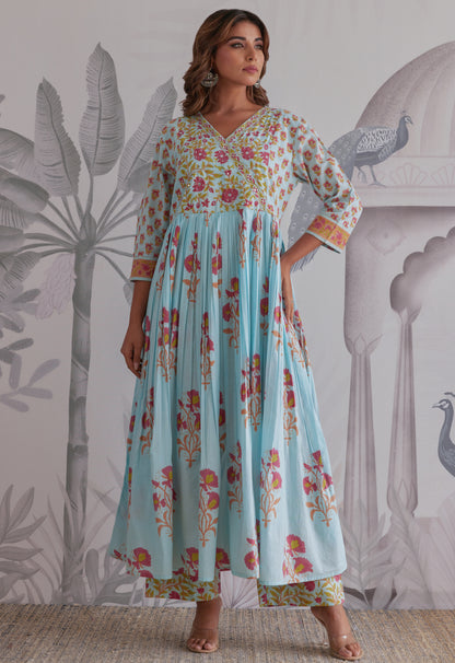 Blue Floral Printed Anarkali Suit Set
