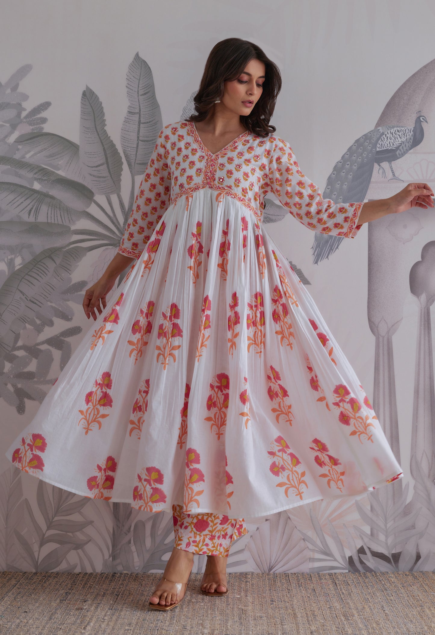 White Floral Printed Anarkali Suit Set