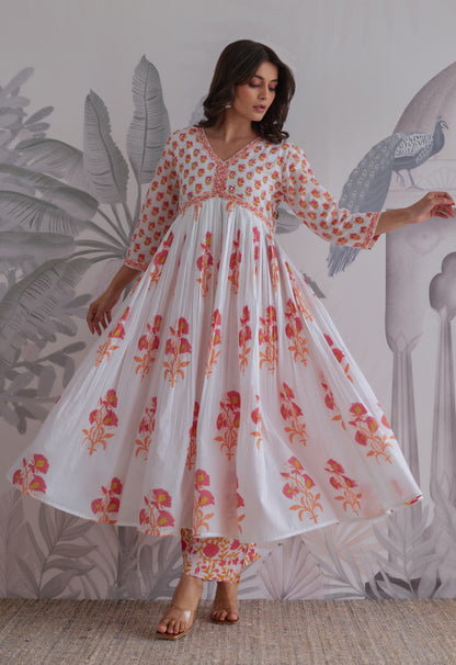 White Floral Printed Anarkali Suit Set